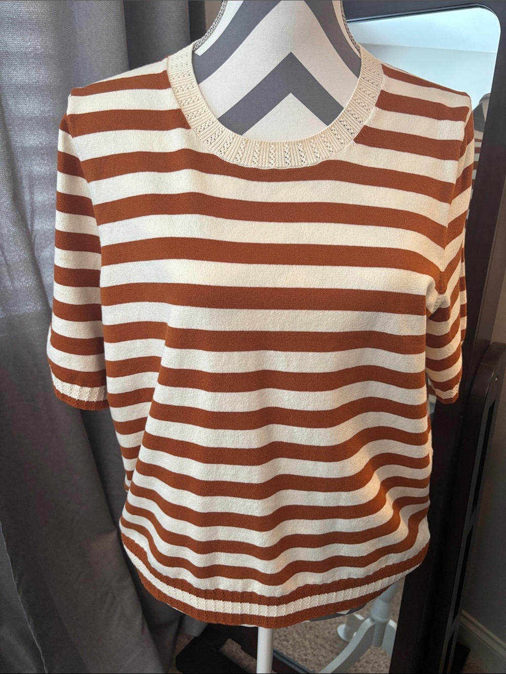 Boden Cream and Rust-Striped Short-Sleeve Crewneck Sweater - Picture 3 of 11